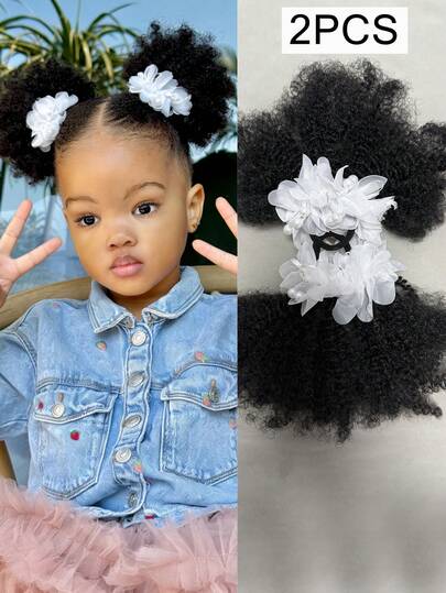 2 Packs Children's Double Ponytail Fluffy Afro Puff Hair Buns With Colorful Hair Ties, For Little Girls, Natural Black Synthetic Hair With Hair Bands (Multiple Colors Available)