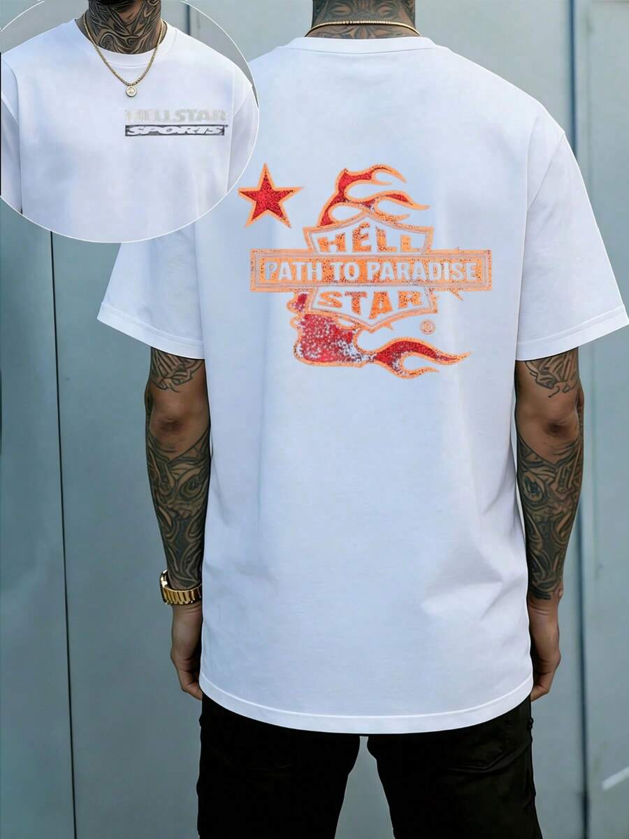 Hellstars Path To Paradise Orange Flame Vintage T-Shirt Double Sided Printed (220g 100% Cotton T-Shirt),Summer Clothes, Men's Tops, Casual And Comfortable, Fashionable Graphic Tee, Unisex Style - 白色 - 查看 1