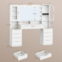 Large Vanity Table (150 Cm), Power Outlet, 11 LED Lights (3 Colors), 10 Drawers, Jewelry Storage, Plenty Of Storage Space, White-Silver - 查看 9