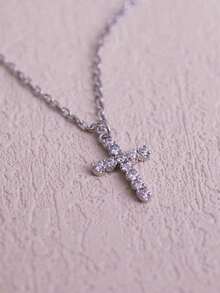 1pc Stainless Steel Cross Pendant Necklace With Zirconia, Suitable For Women's Daily Wear - Bạc - Xem 4