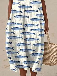 Plus Size Women's Sleeveless Round Neck Tank Dress White Base Blue Fish Allover Print Fresh Ocean Style Loose Straight Fit Seaside Vacation Daily Casual Dress - 彩色 - 查看 6
