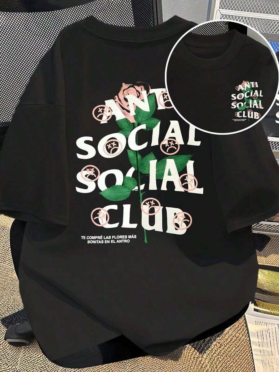Break The System Double-Sided T-Shirt For Women, Double-Sided Print, Anti Social Club, Rose Design With Sad Faces, Fabric, Comfortable And Modern. Round Neck Loose Fit T-Shirt, Women's Clothes, Graphic T Shirt, Women's Summer Clothing. - Black - View 1