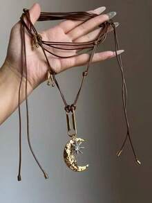 1件复古波西米亚风月亮星星吊坠PU皮链项链，女士百搭，适合日常佩戴、派对、音乐节等场合 - 毛衣链 - 棕色 - 查看 1