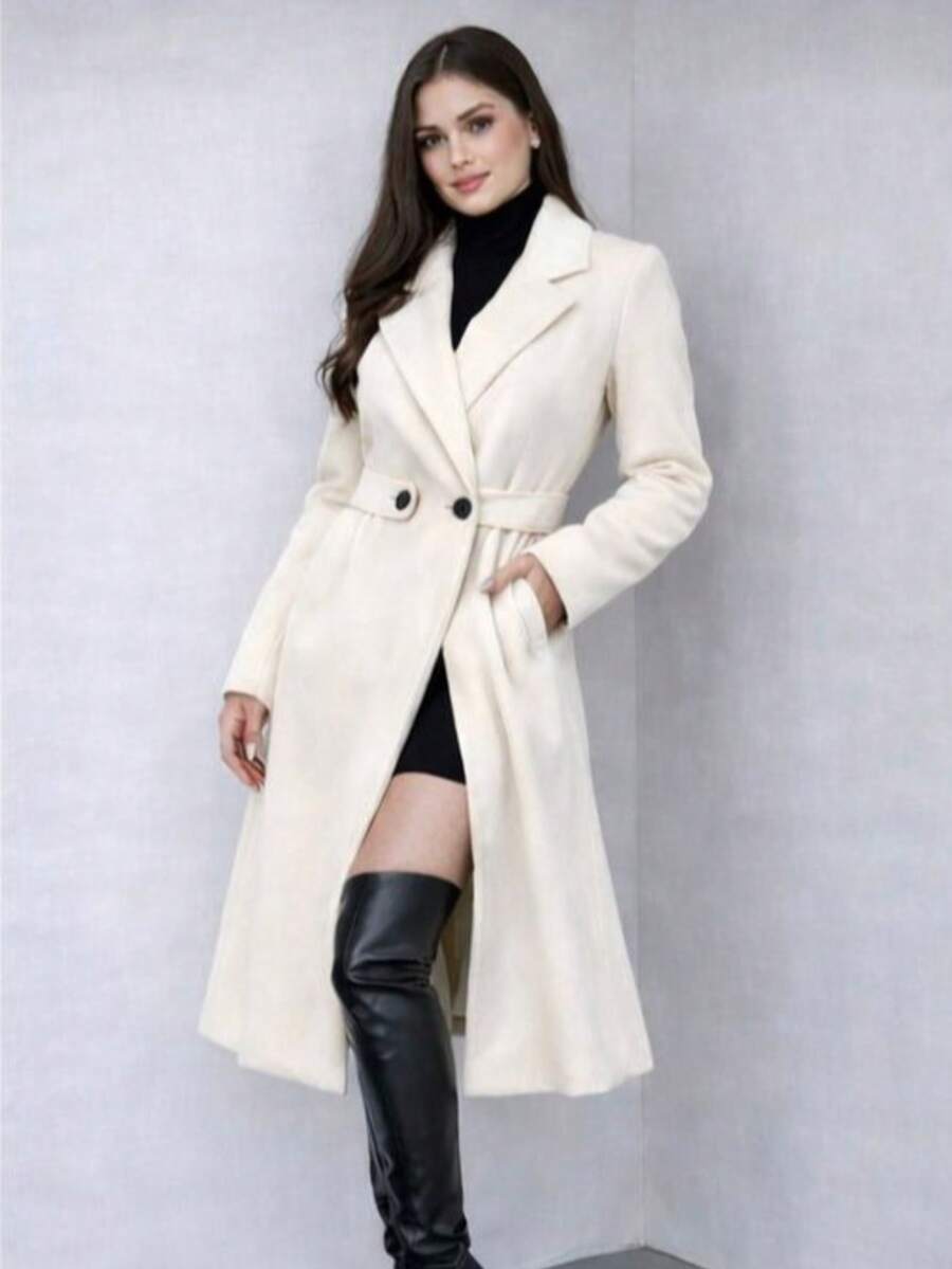 Women's Elegant Luxury La Batida Overcoat With Waist Belt, Autumn/Winter Style, For Women, Cold Weather Clothing, Brown, Black, Beige - 白色 - 查看 1