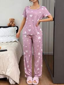 Dreamivo Women's Heart Pattern Knit Pajama Set, Top And Pants - Pink - View 5