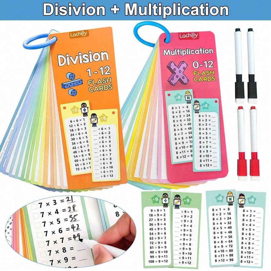 Lachilly (15 CARDS) 0-12 Math Flashcards Multiplication & Division Reusable Double Sided Math Cards Self Check Table Montessori Educational Learning Toys For Kids Mathematics Operations Thought Training Cards