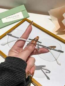 1 Pair Frameless Square Shiny Metallic Retro Fashion Glasses, Daily Commute Minimalist Aesthetic Glasses For Women, Face Slimming - Multicolor - View 2