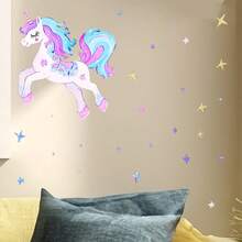 1 pieza Pegatina de pared que brilla en la oscuridad con unicornio y estrellas, con un unicornio de melena y cola degradadas en morado y azul decoradas con un patrón de estrellas, en un esquema de color suave y soñador. Adecuado para dormitorio, sala de estar u otros espacios para agregar rápidamente un toque artístico y crear un ambiente cálido y romántico. - A - Ver 5
