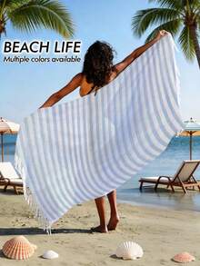 1pc/2pcs Set Striped Turkish Beach Towel - 39"X 71"/99 X 180 Cm Extra Large Sand-Proof Quick Dry Compact Cotton Beach Towel, Suitable For Beach, Bathroom, Swimming Pool, Travel, Yoga, Camping - Multicolor - View 7
