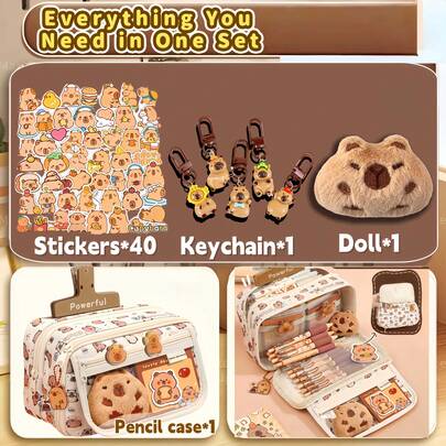 水鼠主题文具套装，包含 1 个毛绒玩偶、40 张贴纸、铅笔盒和配件 - 可爱的水鼠主题文具套装，适合返校收纳，配有耐用的拉链袋。