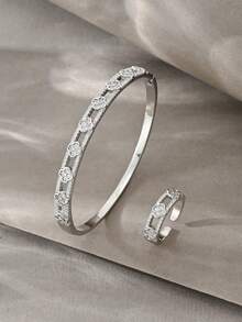 Juego de anillos y pulsera de plata, anillos y pulsera de múltiples capas entrelazados, elegante y lujoso conjunto de joyería, adecuado para uso diario, citas, fiestas y regalos - Plateado - View 2