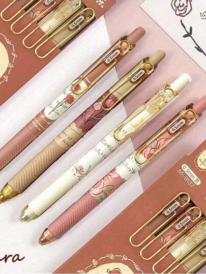 4pcs Retractable Gel Ink Pens With Floral Design, 0.5mm Black Ink, Cute & For Women, Girls, Office & School Supplies