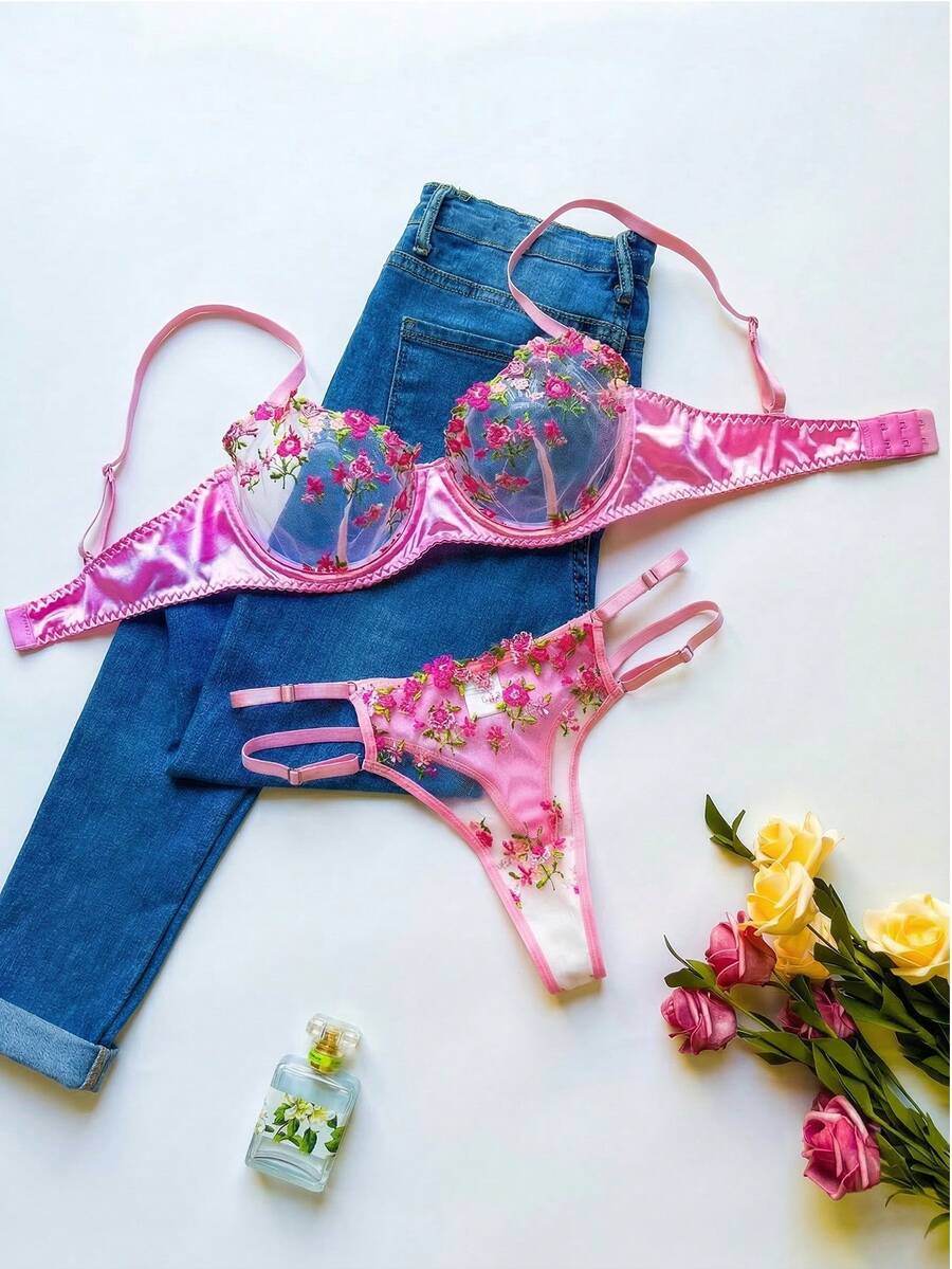 女士内衣套装，性感薄纱刺绣花卉蕾丝文胸，适合日常穿着、派对、生日等场合，是年轻女士的理想之选。 - 粉色 - 查看 1