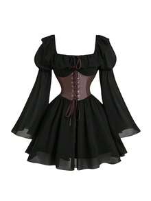 Robe médiévale à manches bouffantes, nouvelle robe de cosplay pour femme, jupe vintage ajustée avec cordon de serrage pour Halloween. - Noir - Voir 7
