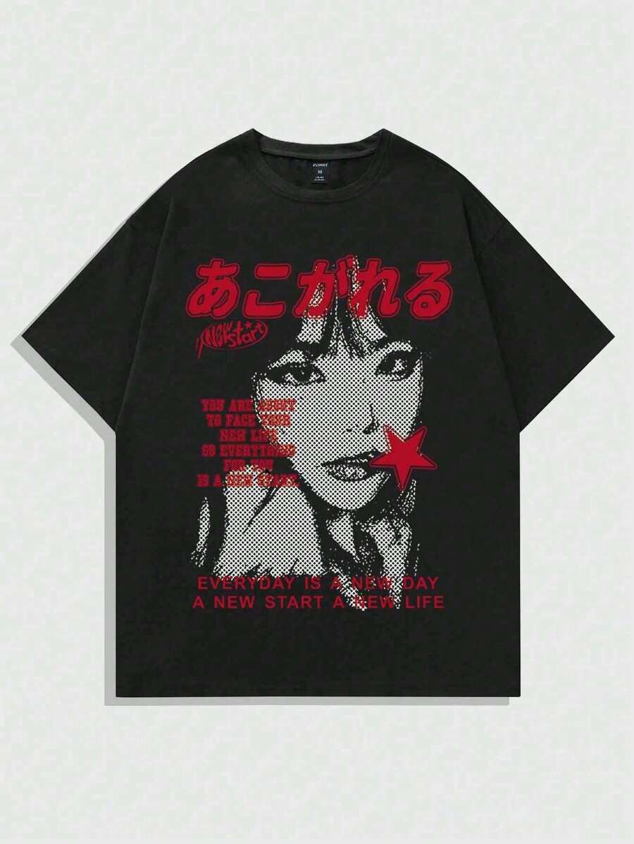Large Size Men's Anime Spring/Summer Casual Pattern Men's Short Sleeved Y2K T-Shirt, Summer Printed With Slogans/Character Prints, School, , 2000S Style - 黑色 - 查看 1