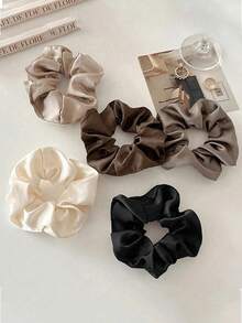 5pcs Premium Classic Black, White & Brown Satin Scrunchies, Soft & Damage-Free, 8.5cm Diameter Hair Ties, Ideal For Women & Girls Daily Hairstyles Like Buns & Ponytails, Great Christmas, Valentine's Day, Birthday, Holiday Gift - Multicolor - View 8