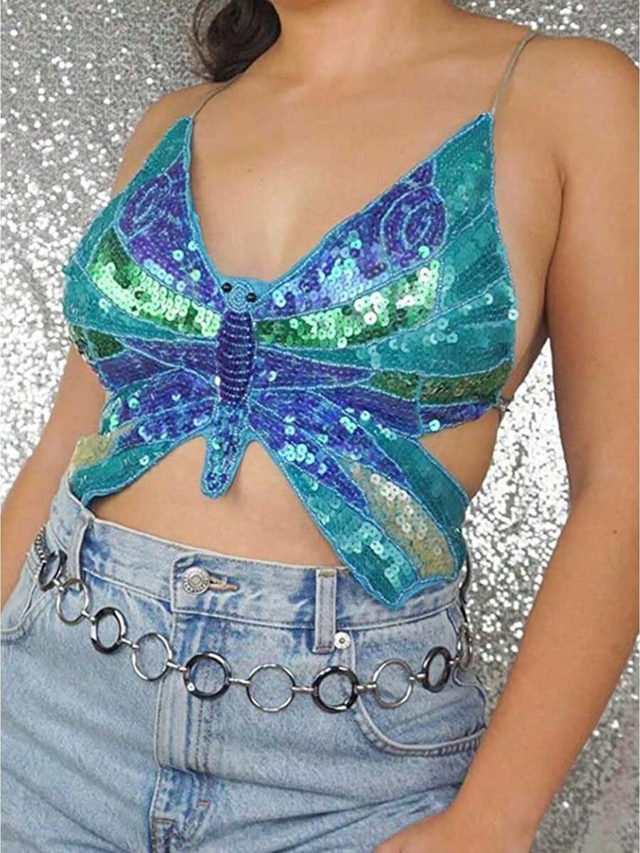 Women's Sequin Butterfly Hem Asymmetrical Crop Tops  Soft Top For Party  Date - 淺藍色 - 查看 1