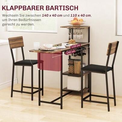 Zestaw Bartisch z Barhockerem, 3-tlg. Bartisch-Set z Klappbar Küchentisch, Weinglashalter Weinregal Ablage 2 Barstühlen, Stahlrahmen, im Modern, Essgruppe für Esszimmer, Küche, Braun