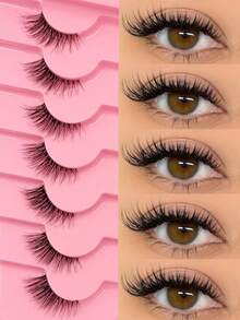 7对半截假睫毛，透明睫毛梗，猫眼尾型，纤长自然，仿貂毛材质，蓬松柔软，打造自然妆容，适合日常佩戴和派对场合。 - 黑色 - 查看 7