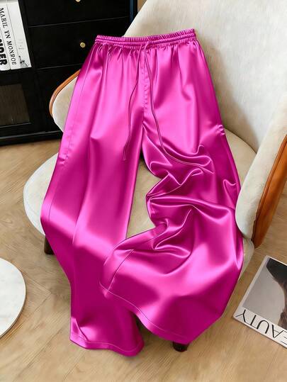 1 pieza Pantalón con cordón de tela tejida de unicolor, adecuado para vacaciones, escuela, fiesta, aeropuerto, actuación en el escenario, otoño/invierno con acabado brillante