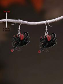 1 Pair 2D Flat Heart & Archer Cat Acrylic Pendant Earrings, Elegant Minimalist Style Jewelry Earrings For Women, Suitable For Daily Wear And Vacation - Black - View 2