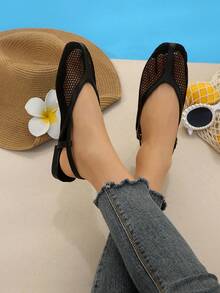 Dép lê lưới dáng rộng cho nữ, dép đế xuồng dệt kiểu retro - dép mùa hè đế bằng mũi xiên. - màu đen - Xem 3