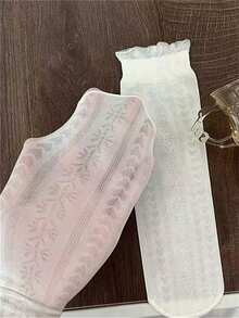 1/3 双装薄款心形、波点和条纹图案袜子，白色中筒袜，适合年轻女性，夏季 - 白色 - 查看 5