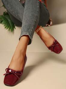 New Autumn/Winter Outdoor Ballet Shoes, Elastic Round Toe, Plus Size, Flat Bottom, Lightweight, Work, Vacation, Outdoor, Lace, Casual, Versatile, Women's Shoes, Leather Material, Runs Small By One Size, Wide Feet/Plump Feet Recommended To Order One Size Up - Burgundy - View 2