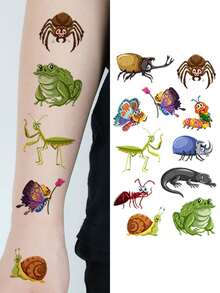 10张卡通昆虫动物临时纹身贴纸，蜜蜂、青蛙、蜻蜓、蜗牛等昆虫图案，防水，持久2-5天，趣味防水纹身贴纸，理想的生日礼物 - 彩色 - 查看 4