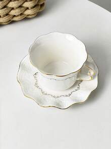 一套（1个杯子+1个碟子）欧式复古浮雕陶瓷咖啡杯碟套装，蝴蝶金边咖啡杯碟，带把手，适合居家下午茶、拿铁、茶、早餐牛奶燕麦片杯、水杯、情侣杯、节日礼物 - 彩色 - 查看 10