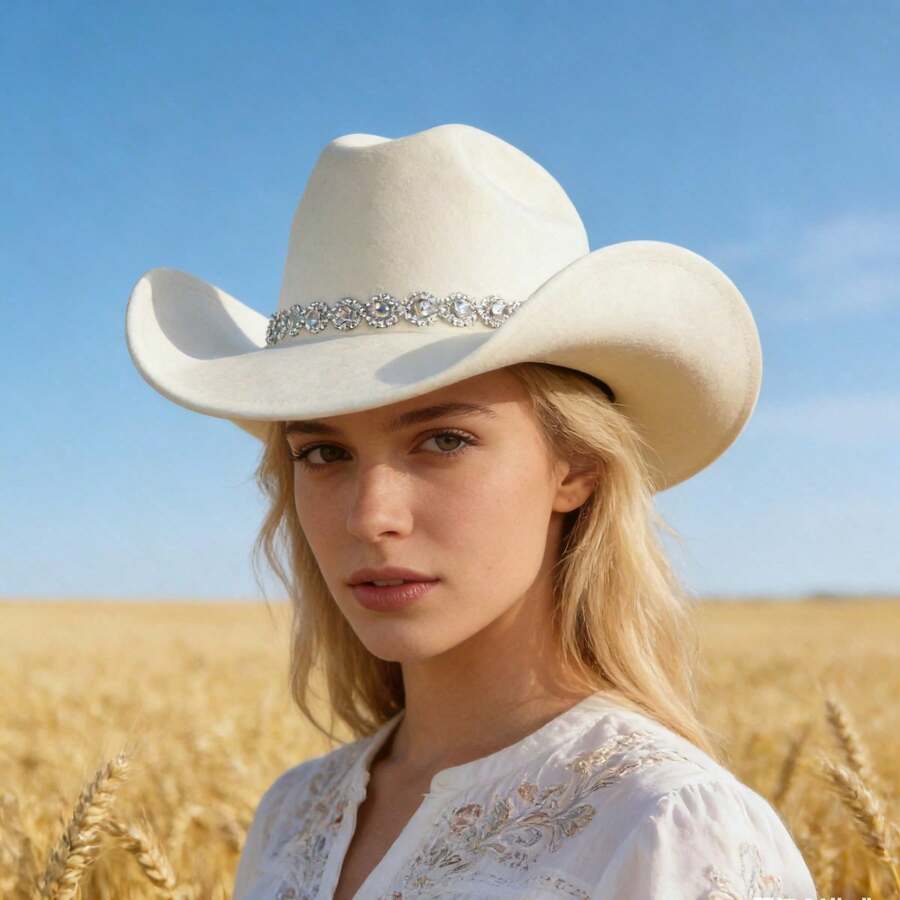 Rhinestone Cowboy Hat For Women, Summer Hats For Women Fashion Western Cowgirl Hats, Elegant Wide Brim Fedora Cap For Party & Daily - 米色-Rhinestone Cowboy Hat - 查看 1
