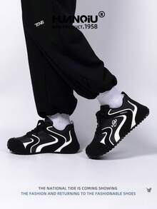 HUANQIU 2026新款男鞋，男士运动鞋，厚底休闲鞋，时尚多功能轻便舒适系带运动鞋，软底休闲鞋，跑步鞋，黑白四季鞋 - 黑與白 - 查看 6