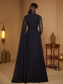 [Random Print] SUPGIR Women's Elegant Spraghetti Strapless Sequin Patchwork Satin Sexy Backless High Slit Maxi Evening Dress - Black - View 2