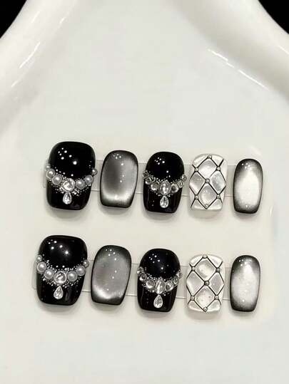 10PCS Short Coffin Handmade Press On Nails For Party And Daily Wear,Black And Silver Nails,White Cat's Eye,Shiny And Dazzling, Easy To Wear10pcs Y2K Handmade Press On Nails,Shining Bright , Nails,Suitable For Girls And Women Festivals Parties And Daily Wear.Suitable For Spring And Summer