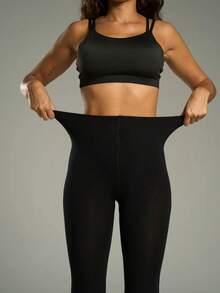 1件装女士黑色保暖内衬打底裤，弹力修身抓绒紧身裤，适合春秋季穿着 - 黑色 - 查看 6