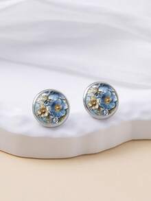 一对复古简约风格蓝色花卉图案316不锈钢圆形耳钉，优雅的珠宝配饰，适合女性日常佩戴和作为礼物。 - 淺藍色 - 查看 5