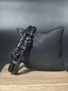 1pc Dark Skull Braided Leather Bracelet, Unisex Casual Wristband - Star - View 1