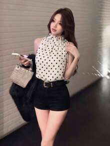 Women's French Style Black Polka Dot Satin Drawstring Loose Fit Camisole Top - White - View 5