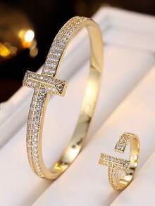 2pcs Set Luxury Minimalist Cubic Zirconia Inlaid Bracelet And Ring Set, Suitable For Women's Daily Wear And Gift - Bracelet Ring Set - View 7