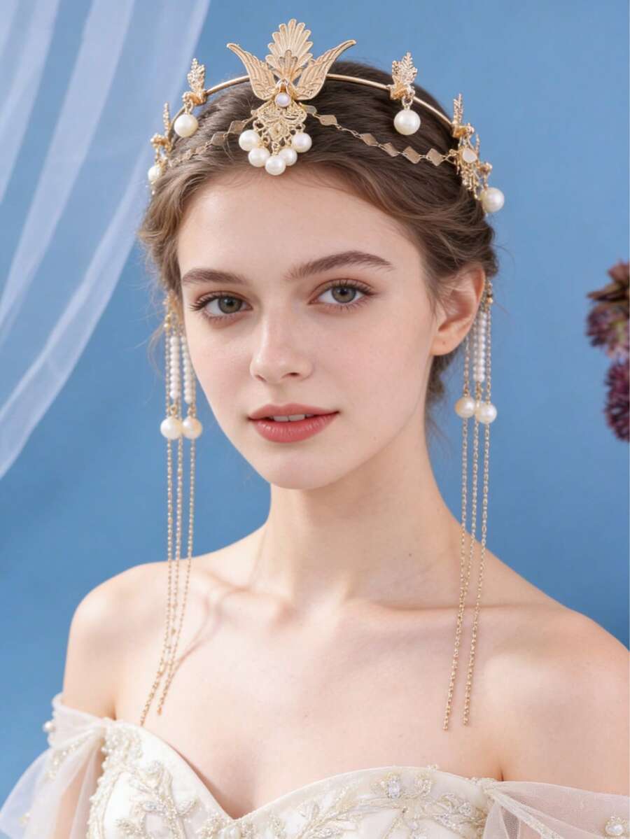 1pc Women's Golden Crystal Tassel Forehead Jewelry, Bridal Wedding Headpiece, Party & Event Hair Accessory - 金色 - 查看 1