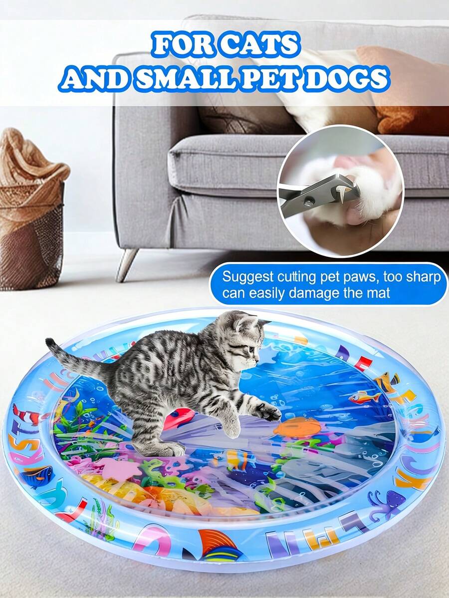 Alfombra de juguete interactiva para gatos - Diseño de peces flotantes, material de PVC impermeable, almohadilla de enfriamiento con agua con tema oceánico, adecuada para gatos y perros pequeños, refrescante y cómoda alfombra de agua inflable, juguete duradero para mascotas, regalo perfecto para sus queridas mascotas