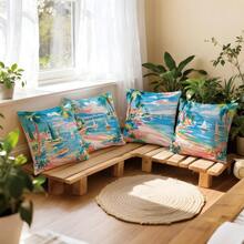 MEMNUN 4 件套地中海海景印花枕套（不含枕芯），尺寸 45*45 厘米（17.7*17.7 英寸），单面印花，涤纶材质，图案包括棕榈树、白色帆船、橙色沙滩小屋和蓝色大海，适用于沙发、客厅、卧室、汽车、办公室、酒店、度假屋等场所，是馈赠亲朋好友的理想之选。 - 彩色 - 查看 10