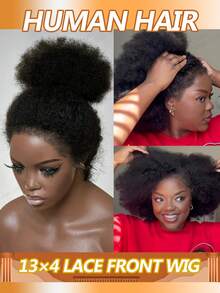 13x4 透明蕾丝前额假发，卷曲直发蕾丝前额真人发假发，带卷曲边缘和婴儿发，4C 边缘真人发假发，适合所有女性，200% 密度 - Natural Black - 查看 1