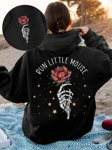 New Women's  HoodiesModa Masculina Explosiva Mangas CortasValentine's Day Rose Skull Print Women Long Sleeve Pocket Drop Shoulder Casual Hoodie - 黑色 - 查看 1