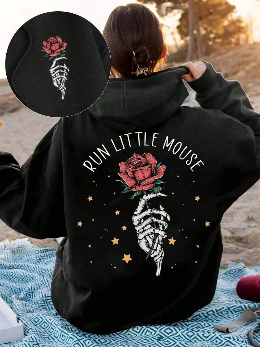 New Women's  HoodiesModa Masculina Explosiva Mangas CortasValentine's Day Rose Skull Print Women Long Sleeve Pocket Drop Shoulder Casual Hoodie - 黑色 - 查看 1