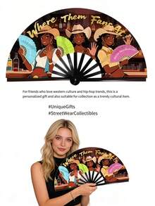 1pc Premium "Where My Fans At" Denim Carnival Party Fan, Large Foldable Hand Fan With Western Cowboy & Bar Scene Pattern, Durable Plastic Frame, Suitable For Music Festivals, Nightclubs, Carnivals - Multicolor - View 8