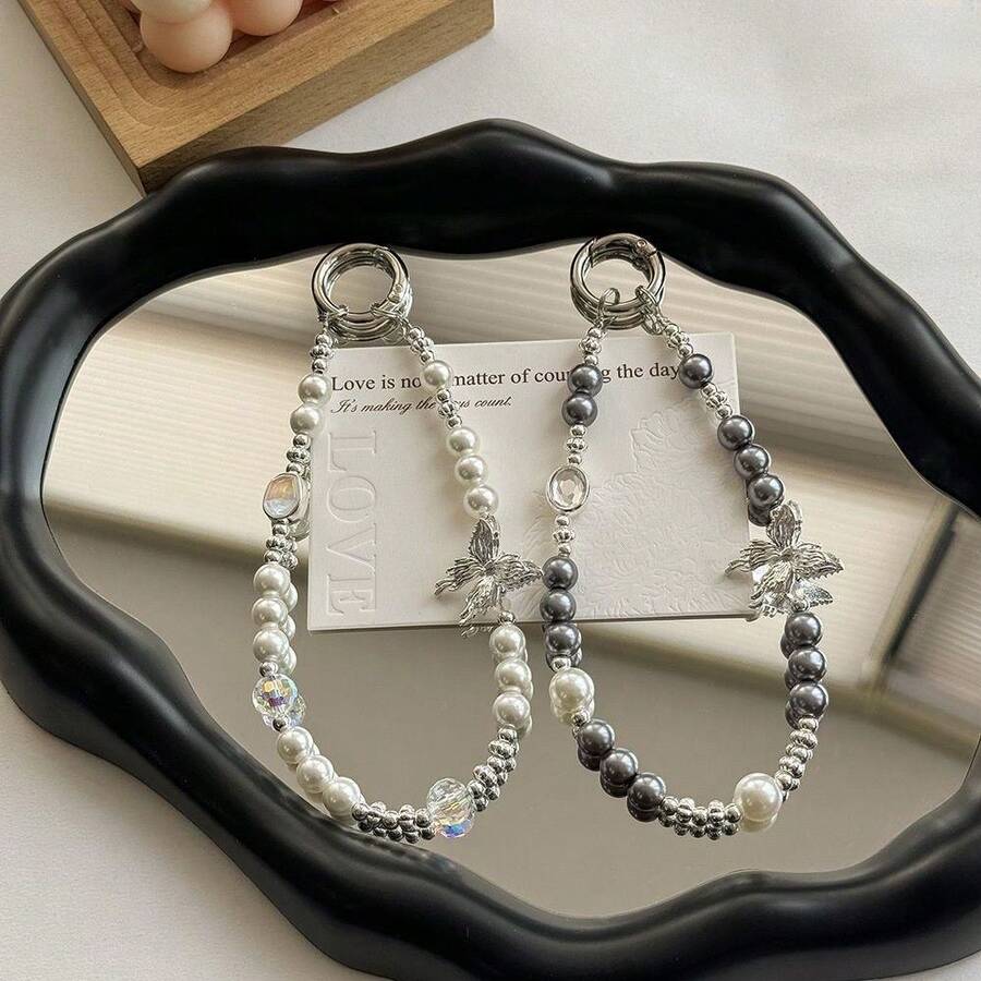 Luxury Baroque Style Artificial Glass Pearl Beaded Crystal Ins Phone Strap Handmade DIY Alloy Keychain Pendant
