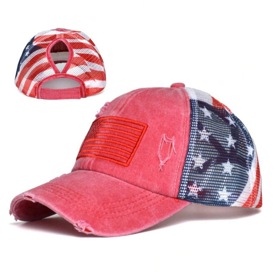 Women's Vintage-Style American Flag Baseball Cap, Featuring Decorative Stars And Stripes, Adjustable Snapback, Lightweight Washed Trucker Hat, Suitable For 4th Of July Independence Day, Sports, And Casual Wear - Ponytail-Friendly Design. - 白色 - 查看 1