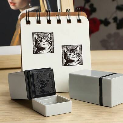 1枚可爱猫咪图案印章，感光型，自动上墨，木刻风格猫咪表情图案，适合学生和艺术青年，可用于日记盖章、信件盖章，也可作为礼物赠送。