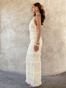 Women's Ivory Ruffled Backless Dress, Spring/Summer - Apricot - View 4